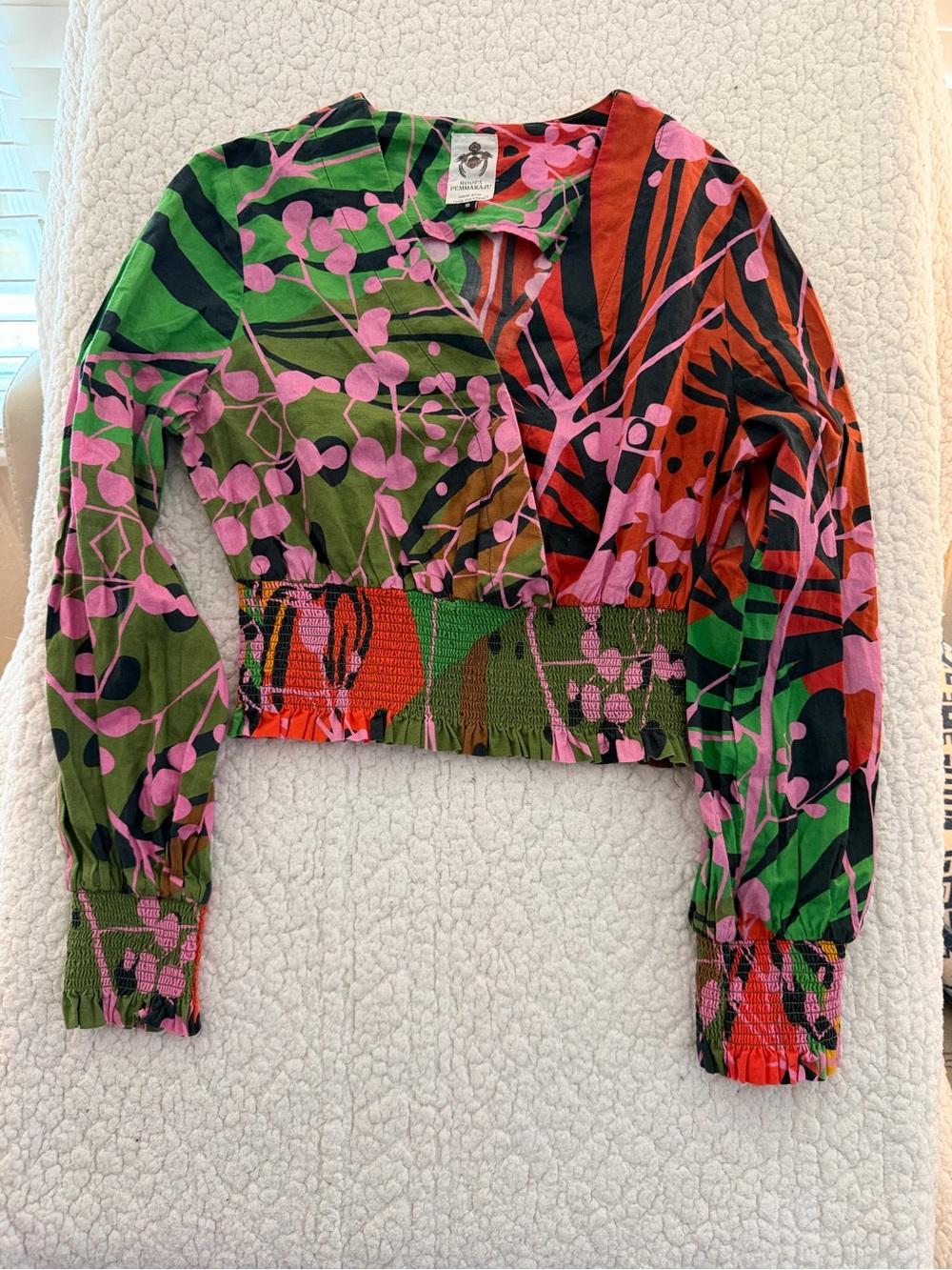 Roopa Pemmaraju Colorful Botanical Print Cotton Top - Pink & Green